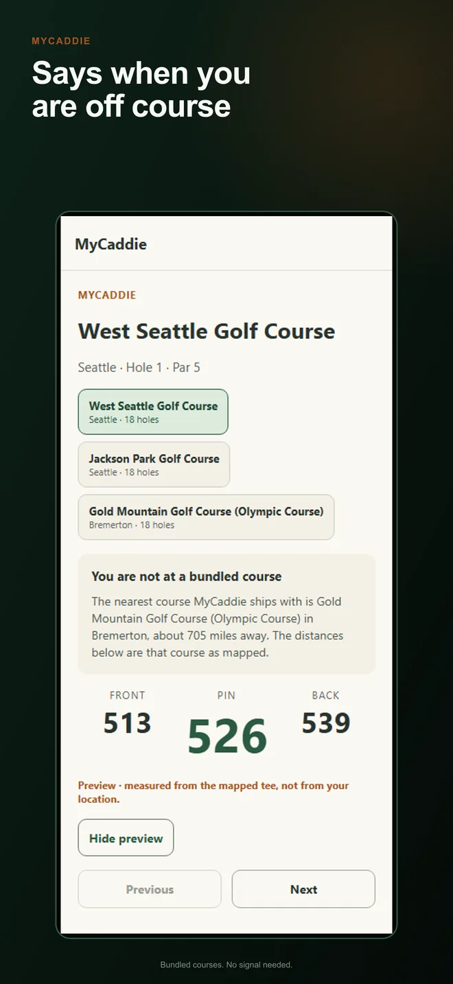 MyCaddie bag screen listing carry distances of 164 yards for the 7 iron, 151 for the 8 iron, 139 for the 9 iron, 126 for the pitching wedge, and 113 for the gap wedge.