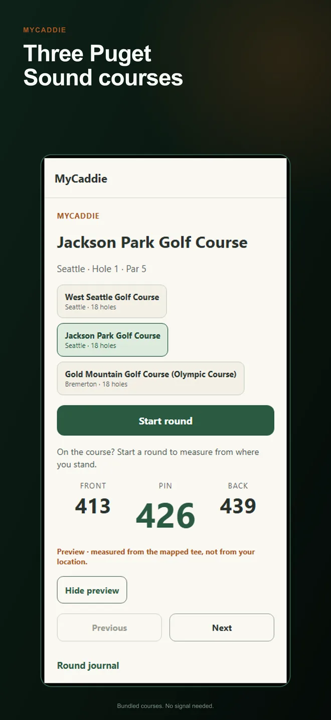 MyCaddie course screen showing Jackson Park Golf Course, hole 1, par 5, with front 413, center 426, and back 439 yards, and a picker listing West Seattle, Jackson Park, and Gold Mountain.